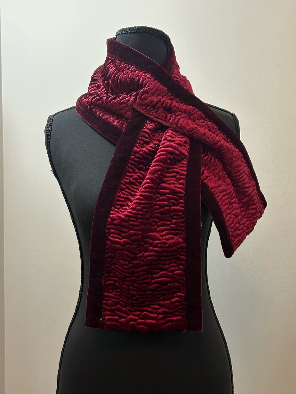 John Callanan Legacy Burgundy Textured Faux Fur Velvet Trim Pull Through Scarf